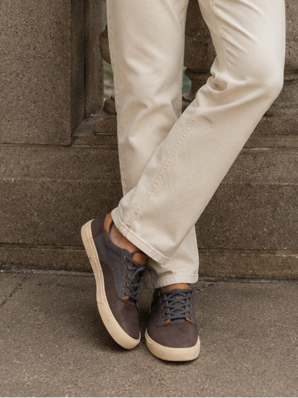 Crevo Men’s Two-Tone Canvas Sneakers in Navy and Gray with Tan leather Accents